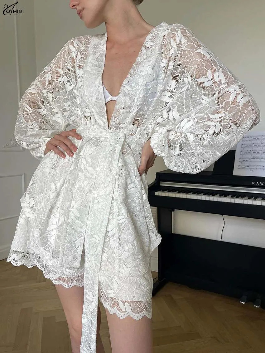 Oymimi Fashion White Lace Woman 2 Piece Set Outfit Casual V-Neck Long Sleeve Lace-Up Shirts And Mid Waisted Shorts Female Sets