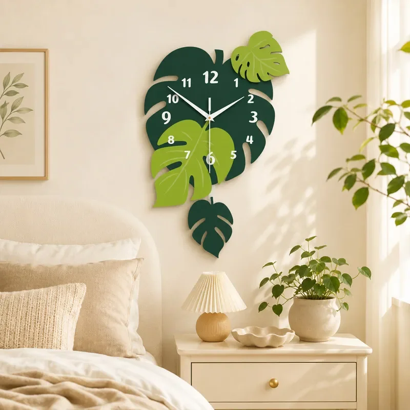 Modern Simple Wall Clock Tropical Plant Decor Creative Hanging Timepiece for Living Room Dining Room Household Hot Sale