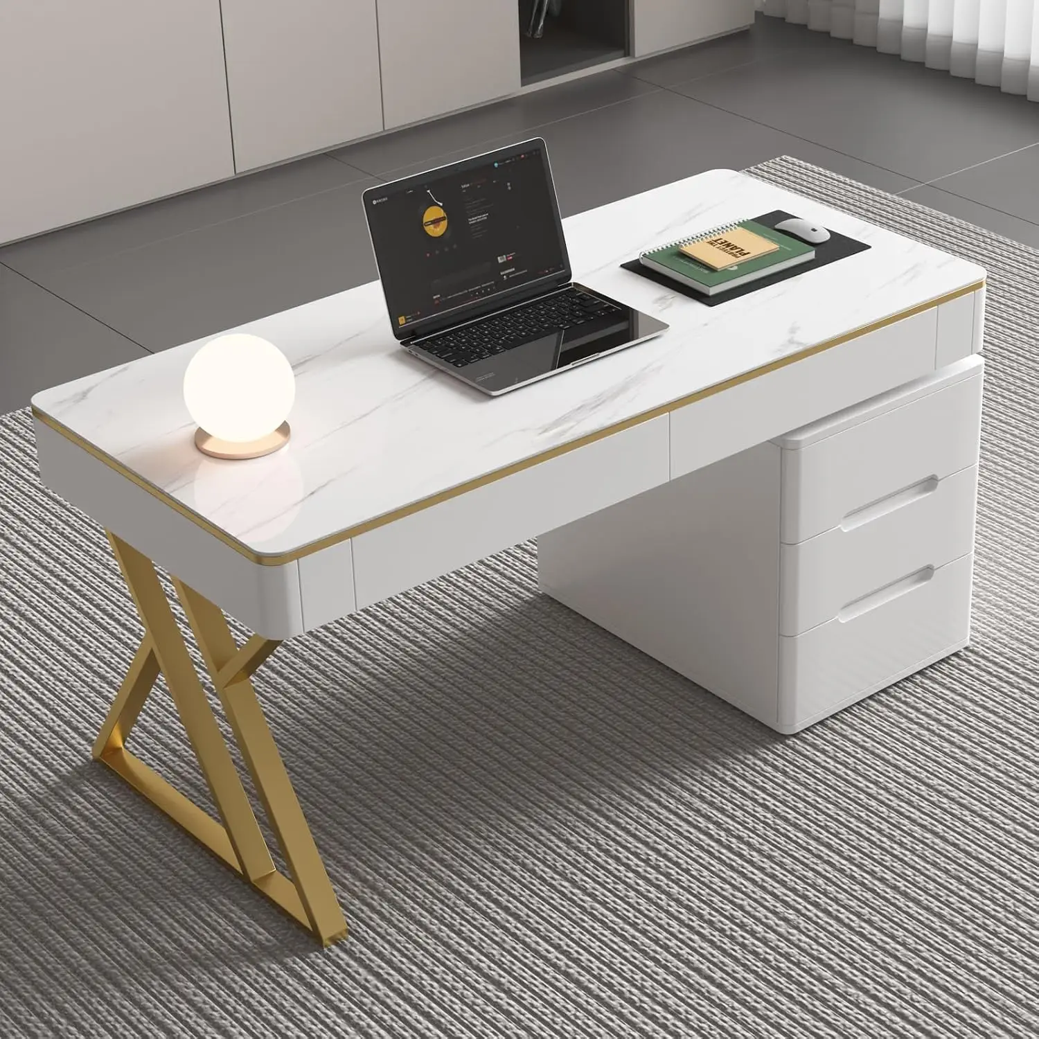 Wooden Desk 5 Drawers Glass Top, Modern Office Table Gold X-Legs Movable Cabinet, White Gaming Workstation Bedroom, Customized