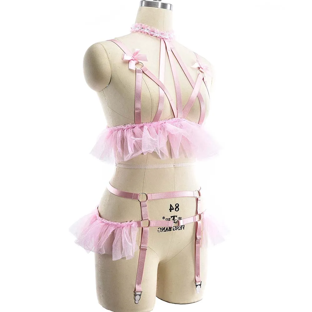 Pink Bow Mesh Body Harness Bra Women Hollow Wedding Garter Belt Bondage Stockings Harness Cage Bra Elastic Sexy Lingerie Set