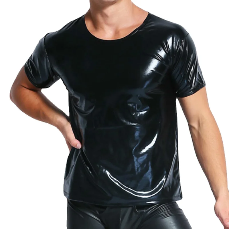 Cool Men PU Imitation Faux Leather T-Shirts Hot Sexy Club Dance Stage Performance Wear Light Man T-shirt Tops Tees Undershirt