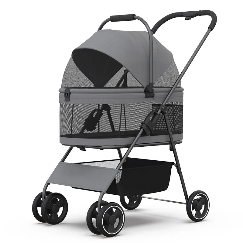 Lightweight Foldable Four-Wheel Pet Stroller For Cats And Dogs Easy To Install Pet Carrier With Food Plate Handcart