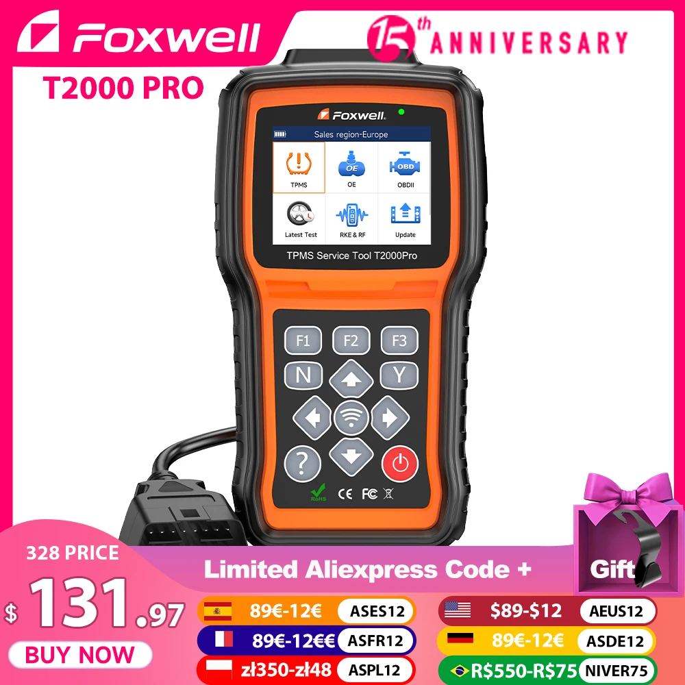 FOXWELL T2000 Pro TPMS Programming Tool Activate/Relearn/OBD Clone T10 Sensors TPMS Scan Tool Read/Clear DTCs Read Sensor Data