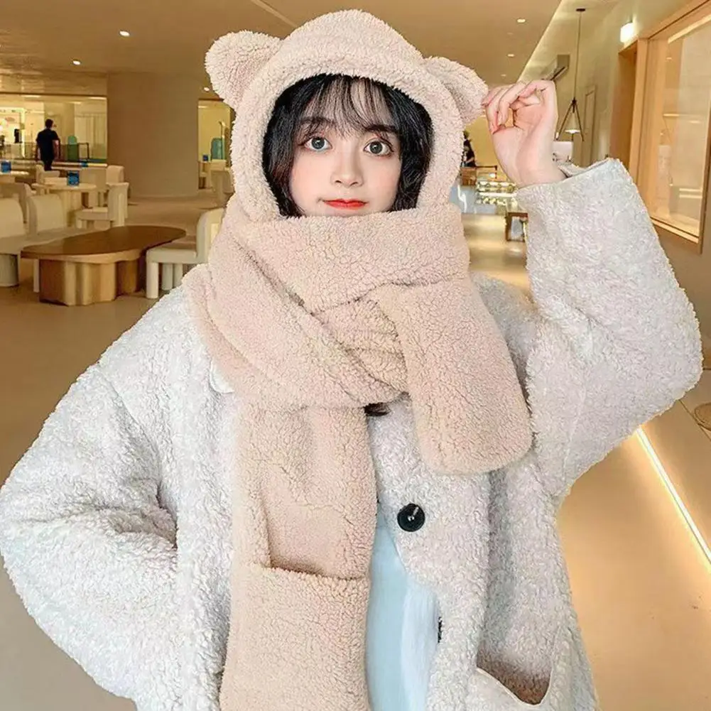 Solid Color Hat Fashionable Women\'s Winter Plush Hat Set Cute Bear Ear Shape 3-in-1 Scarf Gloves Neck Warmer Solid Color Warm