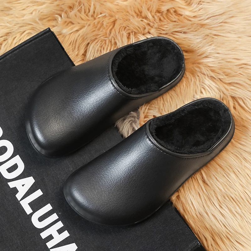Winter männer Baumwolle Schuhe Anti-slip Weichen Boden Leder Oberfläche Paar Wasserdichte Innen Warme Fleece Bequeme Baumwolle Hausschuhe – Detail 6