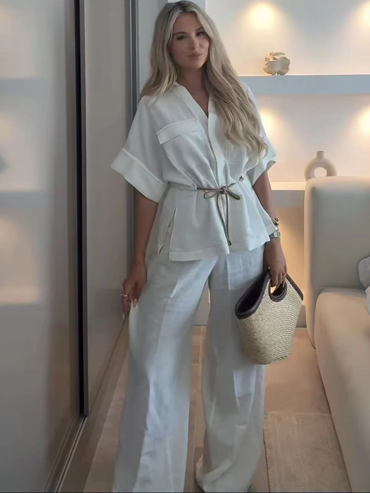 

TFMLN Повседневная свободная женская рубашка, брюки, комплекты из двух предметов, элегантные новые однотонные рубашки с короткими рукавами, топ, широкие брюки, летние наряды