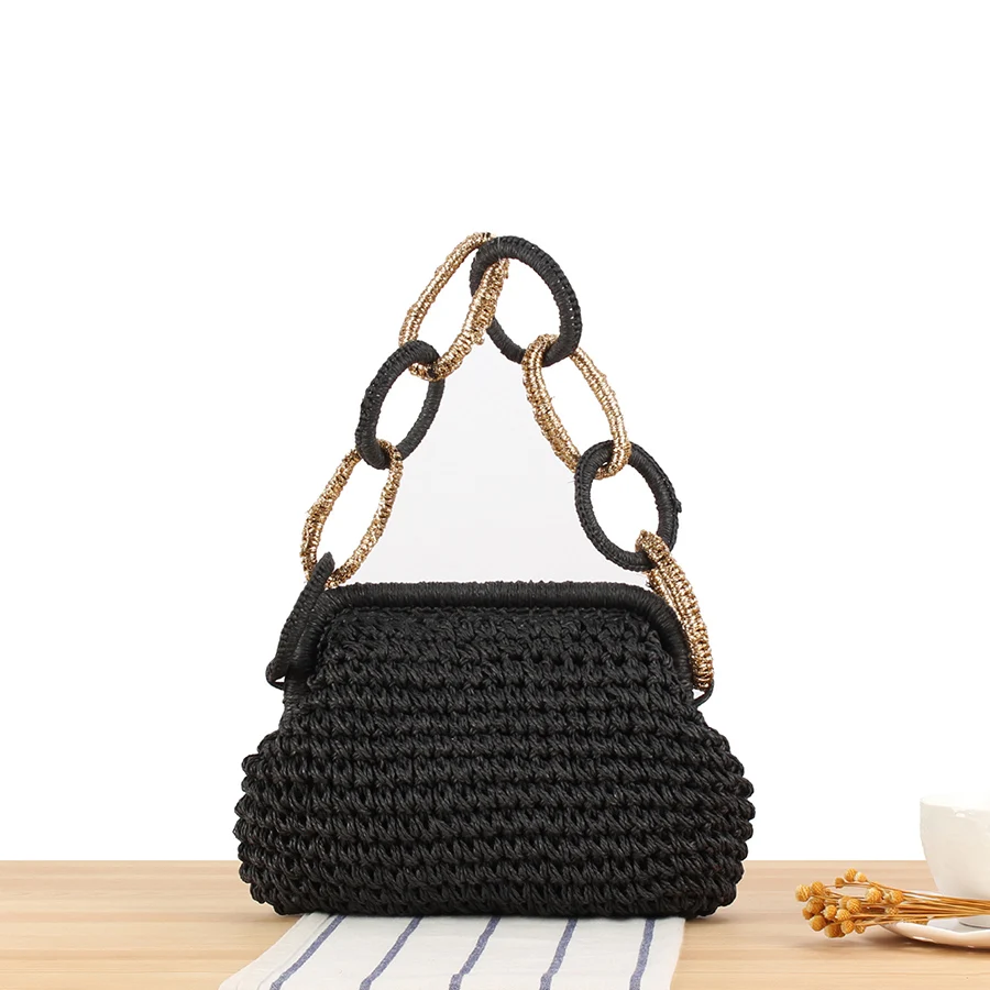 

Summer Woven Crochet Purses for Women Beach Clutch Handbag Straw Dumpling Hobo Bag Casual Hollow Chains Ladies Black Cloud Purse