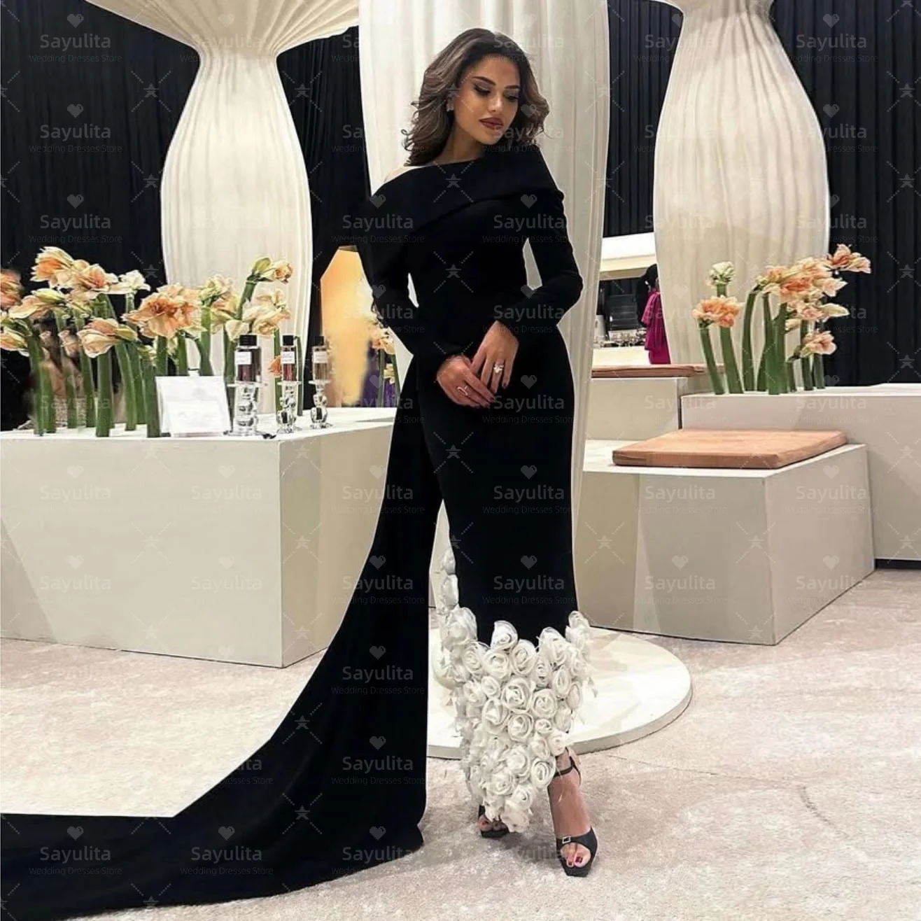 Sayulita ブラック プロムドレス 長袖 エレガント イブニング パーティー ドレス 花付き فستان سهرة نسائي カスタマイズ