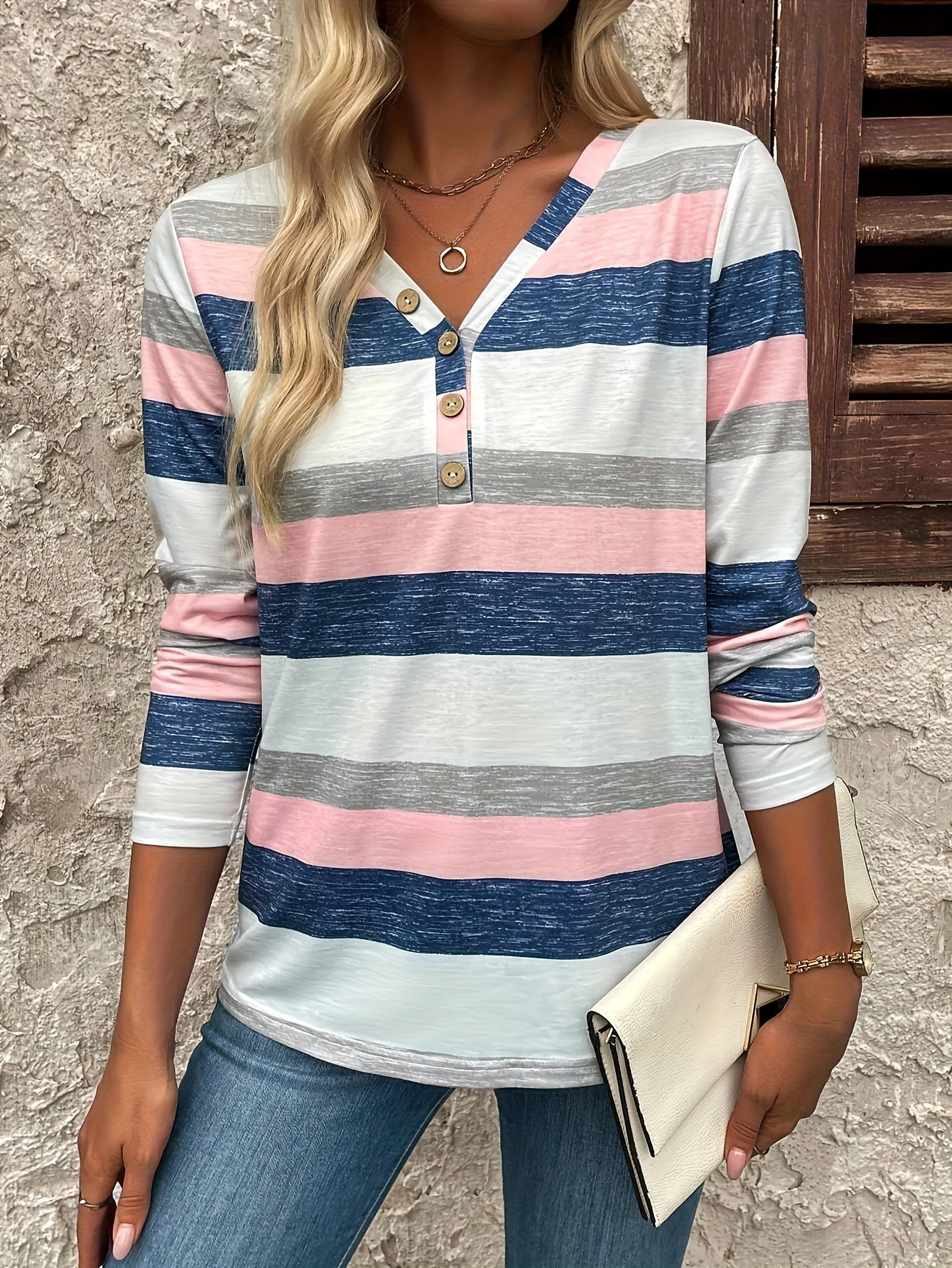 European and American Style Contrast Color Striped V-Neck Button Long-Sleeved T-Shirt Comfortable Slimming Daily Commuter Top