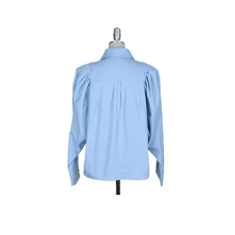 Kpop Korean Drama Star Same Elegant Puff Sleeve Office Lady Shirts Women Winter Blue Casual Buttons Blouses Street Fashion Tops