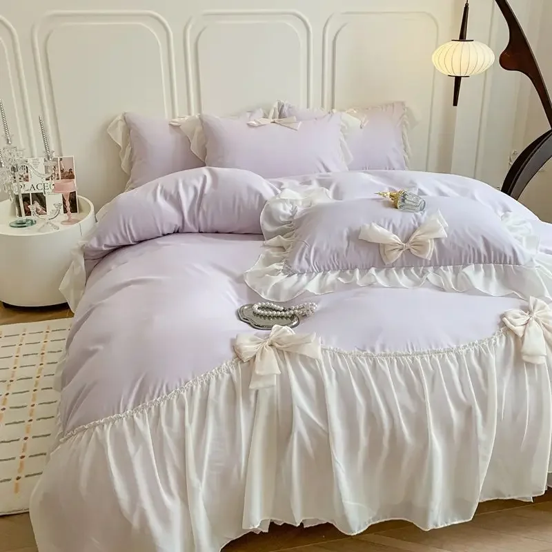 

Chiffon Lace Bedding Set Pink France Romantic Princess Wedding Ruffles Bow Soft Duvet Cover Bed Sheet Pillowcases Home Textile