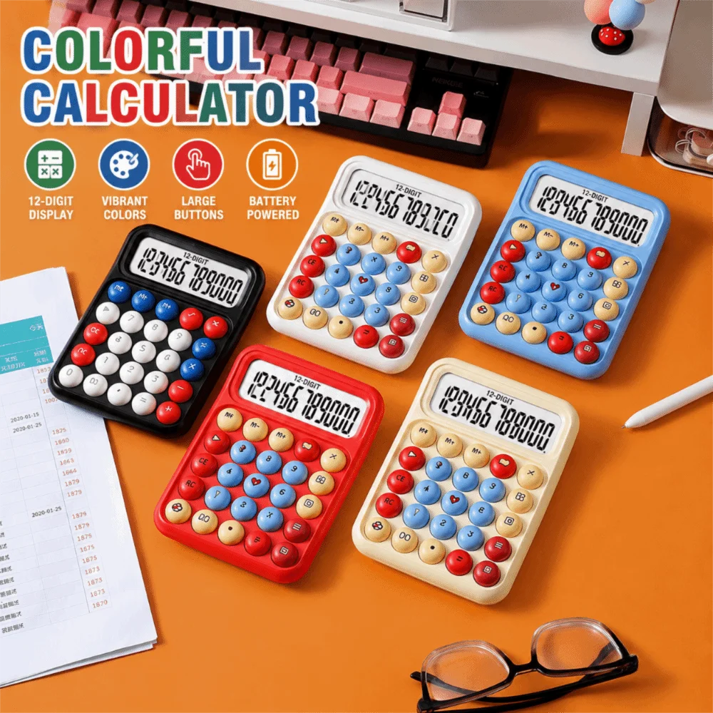 12 Digits Mechanical Button Calculator Anti-Slip Mat Large Screen Desktop Calculator Cartoon Electronic Calculators Home Use