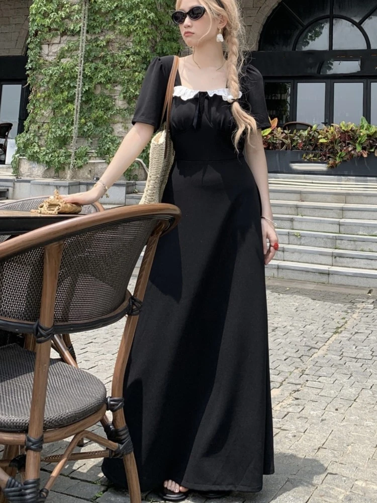 French Vintage Black Long Dresses for Women Square Collar A-line High Waist Korean Fashion Elegant Dress One Piece Vestido Mujer