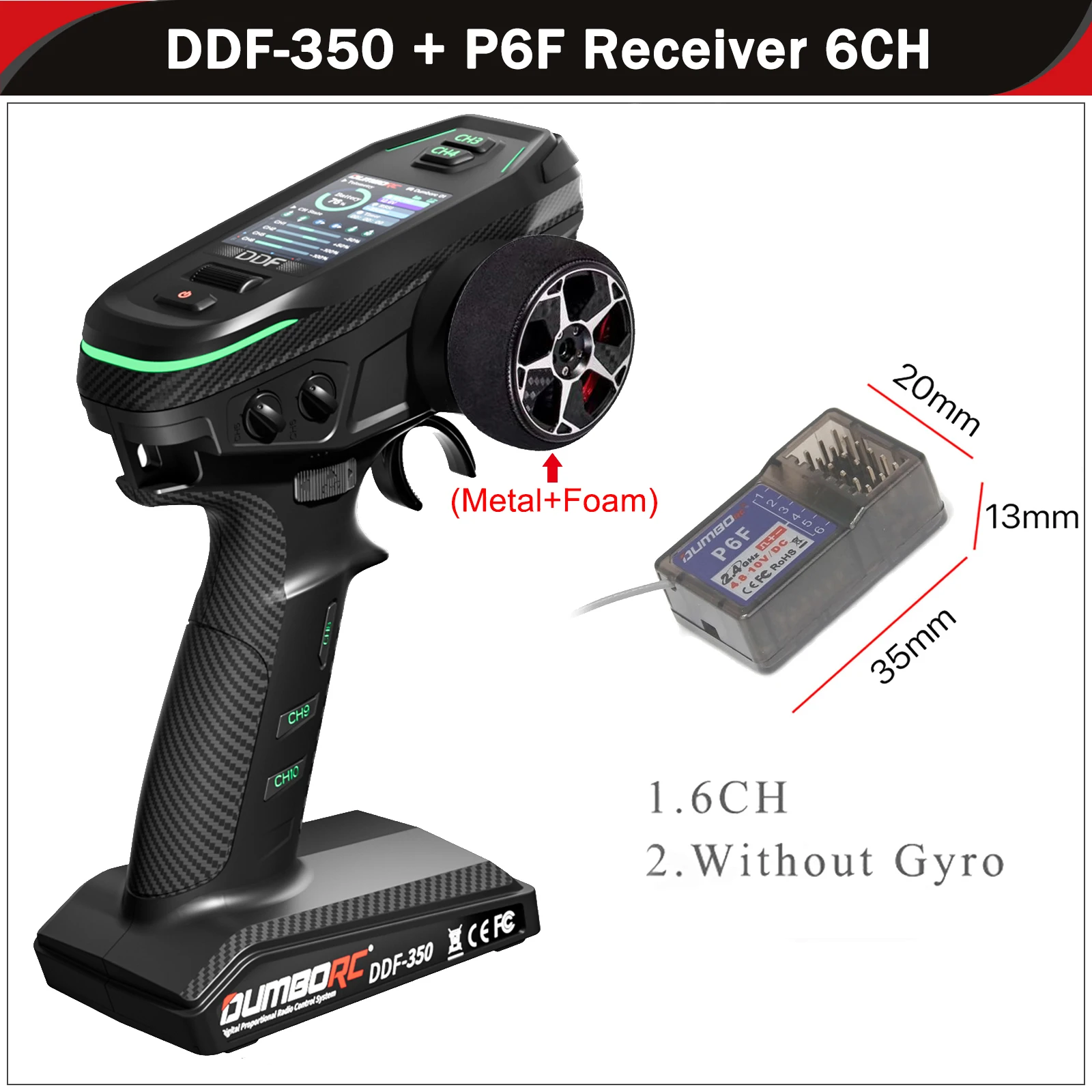 DUMBORC DDF-350 10CH 10-kanaals zender P6F P6DCG Gyro-ontvanger Metalen handwiel afstandsbediening voor RC auto vliegtuig boot
