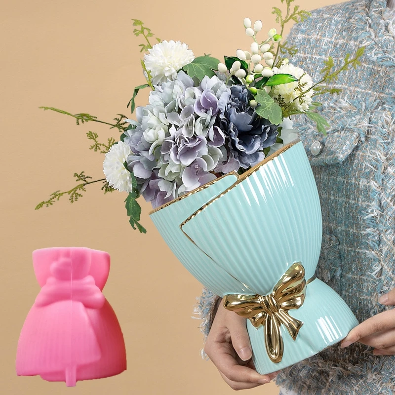 DIY Large Bowtie bouquet striped vase epoxy resin silicone mold striped bow bag vase concrete cement gypsum silicone mold