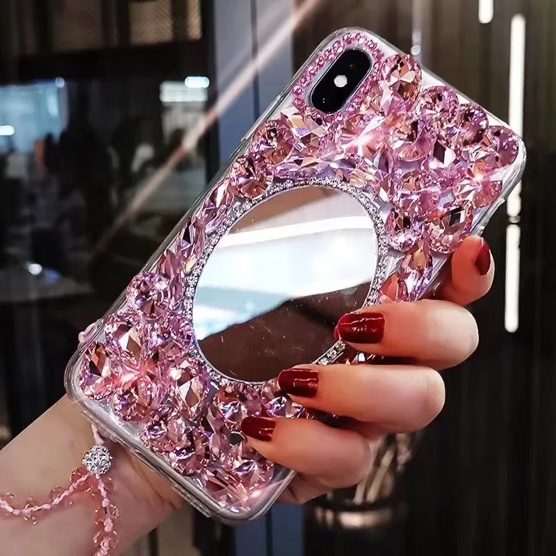 Luxury Crystal Gem Rhinestone Mirror Cases For iphone 15 Pro 14 11 12 13 XS MAX XR Soft Edge Phone Cover For iphone 16 PLUS Capa