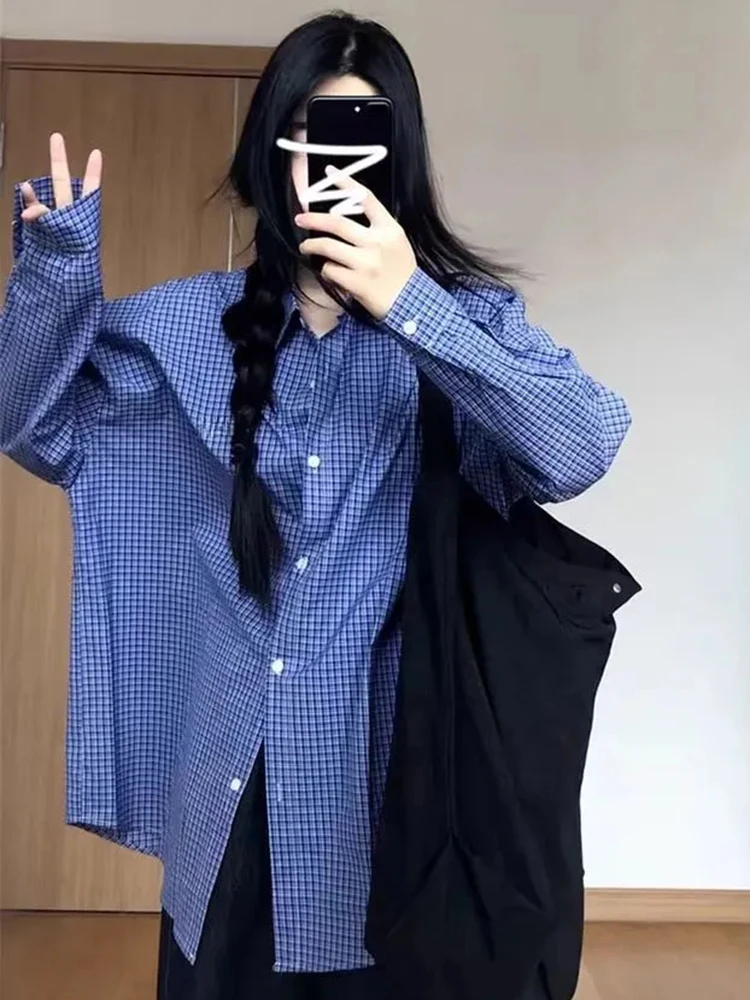 Preppy Style Blue Plaid Shirt Women Loose Long Sleeve Vintage Fall Blouse Oversize Casual Korean Retro Female All Match Tops New