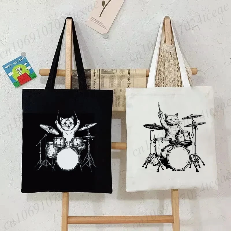 Drummer and Cat Print Canvas Bag Harajuku Women Shoulder Bag Casual Large Shopper Tote Handbag Fashion Ladies Daily Bags