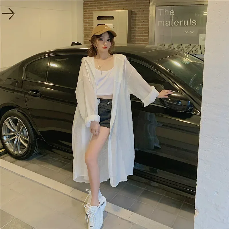 Summer New Thin Mid Length Hooded Long Sleeve Shirt Tops Solid Color Loose All-match Cardigan Trend Casual Women Clothing