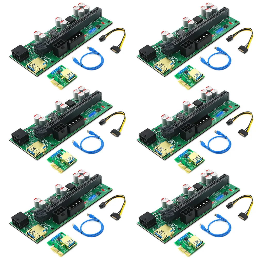 

6PCS PCIE Riser for Video Card VER 010X Green PCI Express 1X to 16X Extender USB3.0 Cable 4Pin 6Pin Power LED for Bitcoin Mining