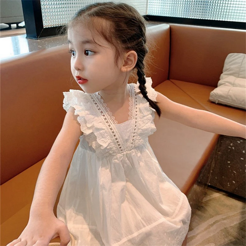 Summer Girls Fashion Dress Little Girls Party Thin Style White Princess Dresses kids Toddler Sleeveless Backless Clothing 2024