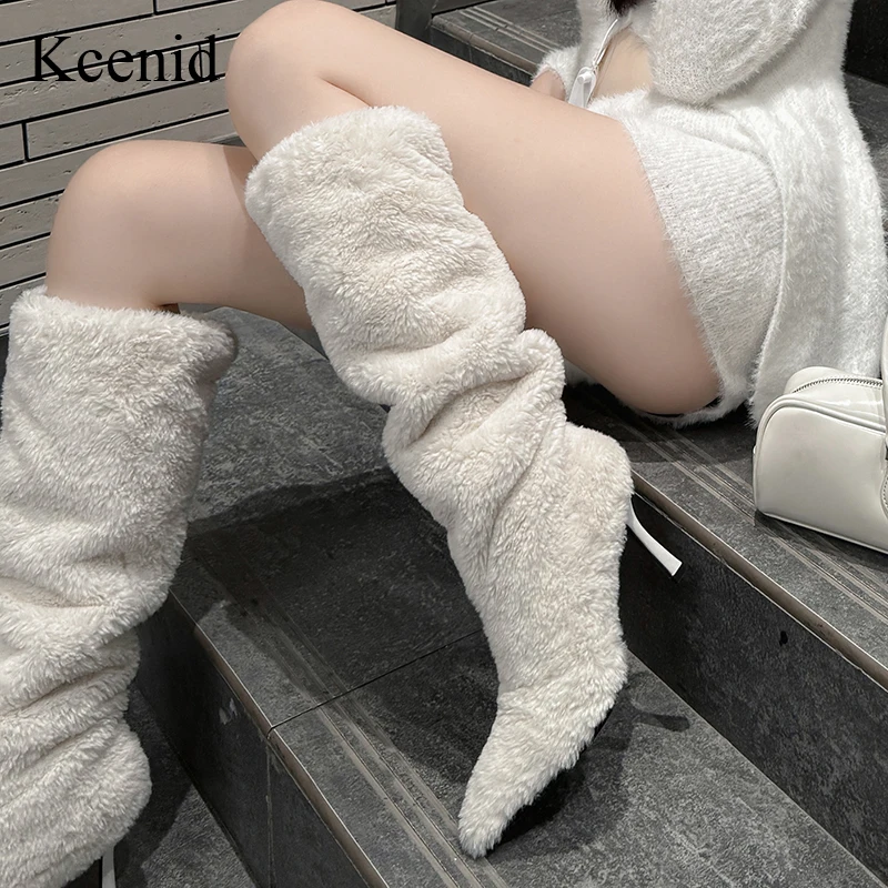 

Kcenid Knee High Boots for Women Stiletto High Heel Pointed Toe Slip-On Fashion Winter Autumn Runway Dress Shoes High Quality