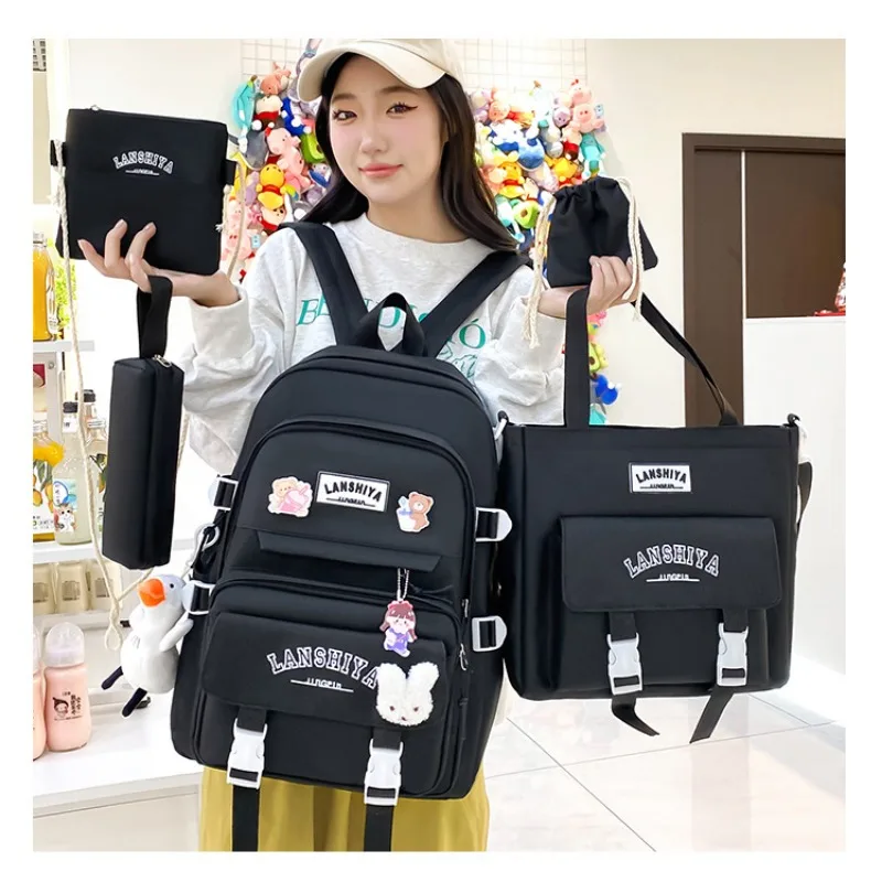 

5-pcs New Korean Style Harajuku Forest School Backpack Girls High School Large Capacity Casual Fashion Daily Backpack