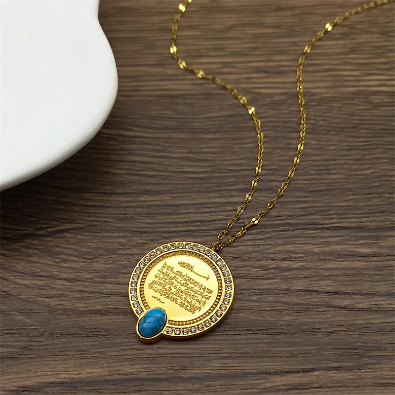 Islamic Muslim Allah Quran Zircon Pendant Necklace for Men Women Stainless Steel Gold Color Ramadan Amulet  Accessories Jewelry