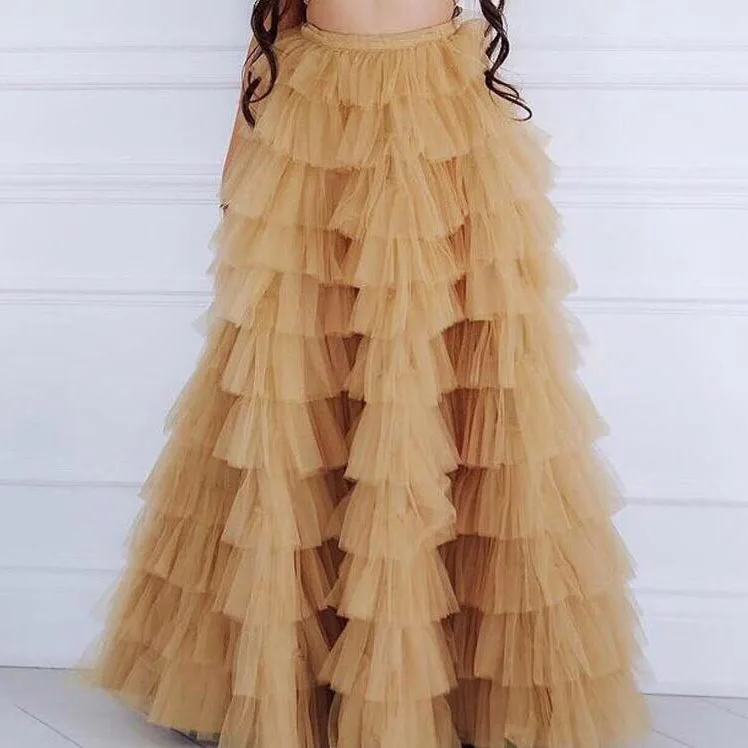 

Champagne Tulle Ruffle Maxi Skirt Women's High Waist Layered Tutu Skirt Elegant Party Skirt for Women Fashionable Skirt Made