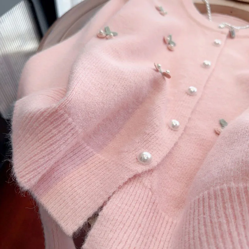 Pink Sweet Pearls Decorate Sweater Cardigan Woman Korean Fashion Print O Neck Knitwear Women Long Sleeve All Match Knitted Tops
