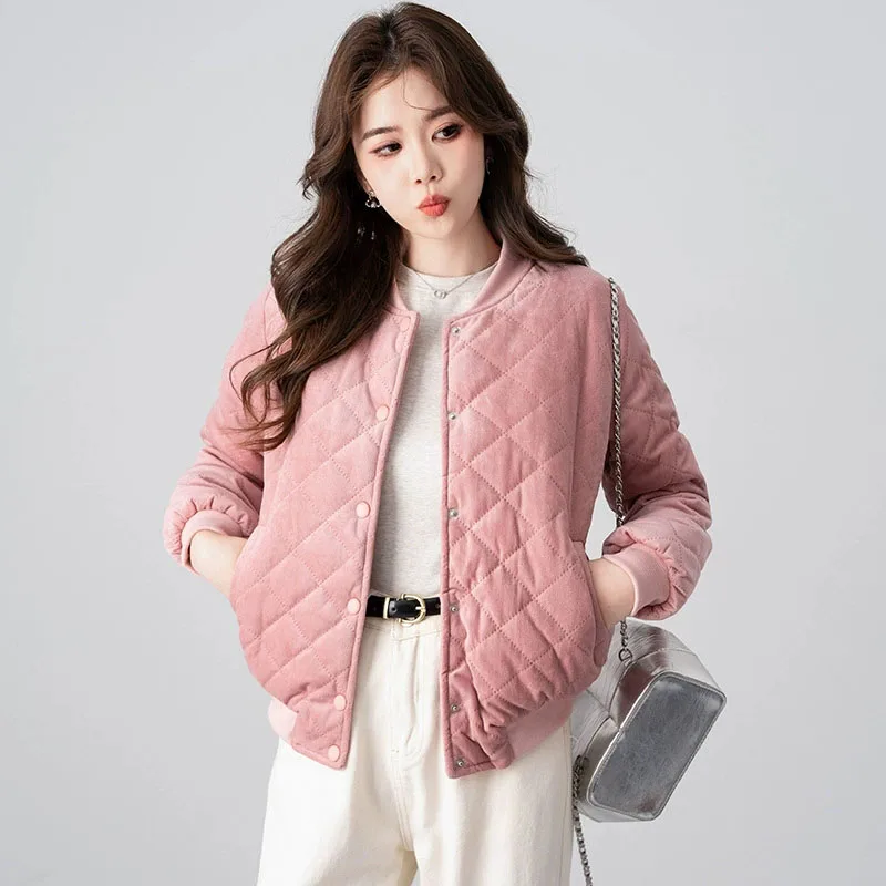 2025 New Women's Short Winter Quilted Jacket Ladies Single Breasted Cotton Padded Coat Korean Fashion Ultra Light Velvet Parkas