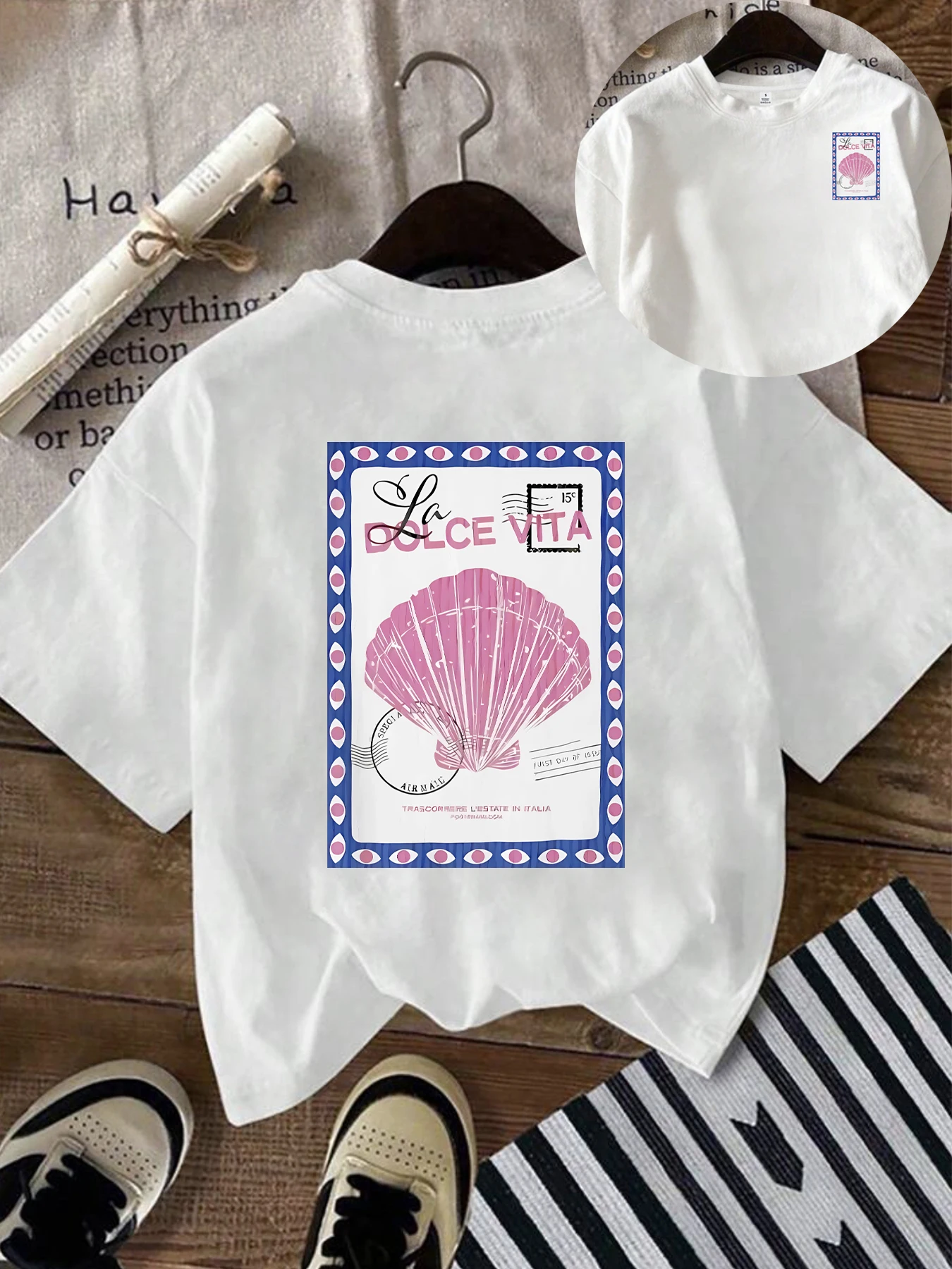 Stamp Shell Print Round Neck Womens T-shirt Short Sleeve Fashion T-shirt Casual Wear Playful Design Daily Top Clothing