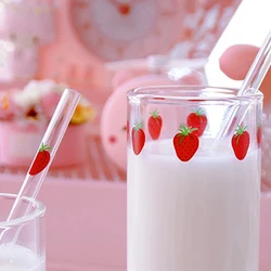 Strawberry Glass Cup Cute Transparent Coffee Milk Cold Drinks Tumbler Home Office Heat Resistant Printed Cups Glass Straw