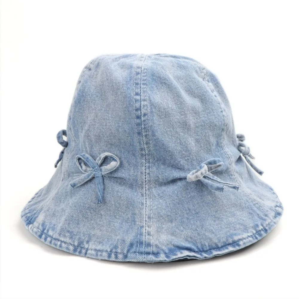 

Cute Korean Style Denim Bucket Hats Sweet Bowknot Basin Caps for Men Ruffle Edge Sun Protection Bow Fisherman Hat Summer Spring