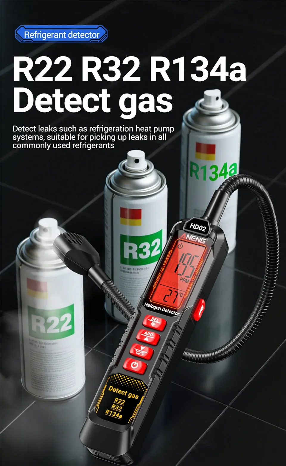 Kältemittelgas-Leckdetektor ANENG HD02 Klimaanlagen-Detektor Halogen-Detektor Hochempfindlicher R22/R32/R134a Lecktester – Detail 5