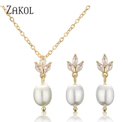 ZAKOL Classic Leaf Marquis Zircon Oval Pearl Drop Earring&Necklaces for Women Elegant Charm Bridal Wedding Jewelry Sets SP3410