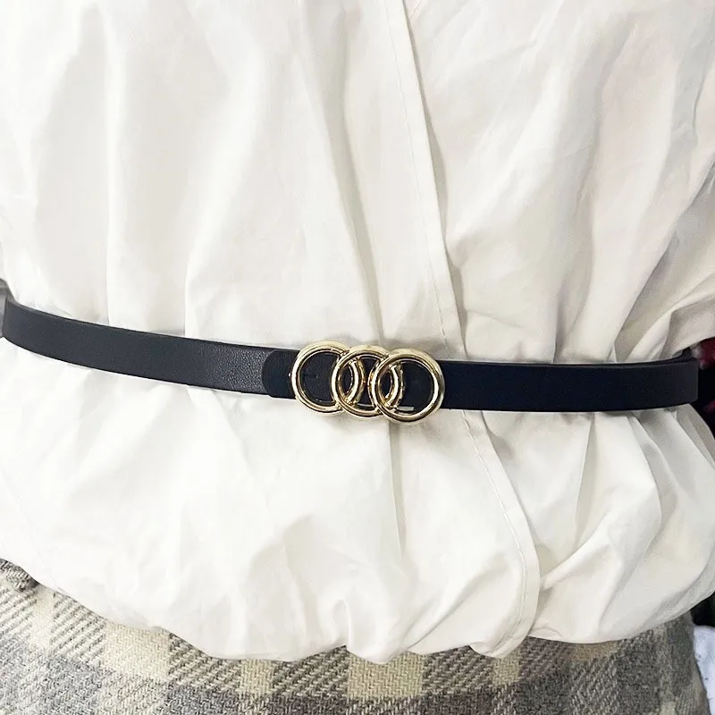 A Set of Thin Waist Belts with Golden Three-loop Buckles. It's a Versatile Style Suitable for Spring and Summer, and Can Be Pair