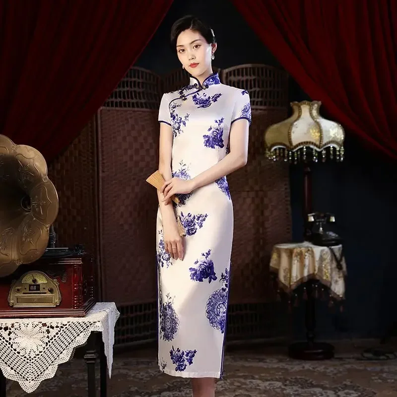 Винтажное тонкое китайское традиционное платье Cheongsam с коротким рукавом и разрезом, женское длинное платье Ципао 5XL, разные цвета