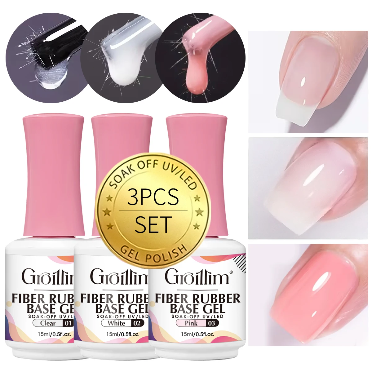 

Базовое покрытие Groillim, 3 шт. (по 15 мл каждый), желейное, белое и розовое, прозрачное, на основе каучука, быстросохнущее, снимаемое, гипоаллергенное.