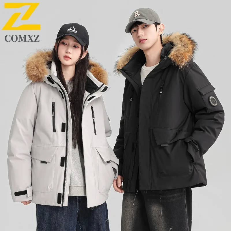 

COMXZ Winter New Down Jacket Men Women High-quality Warm Fluffy Fur Collar White Duck Down Coat Parkas Korean Hooded Ski Puffer
