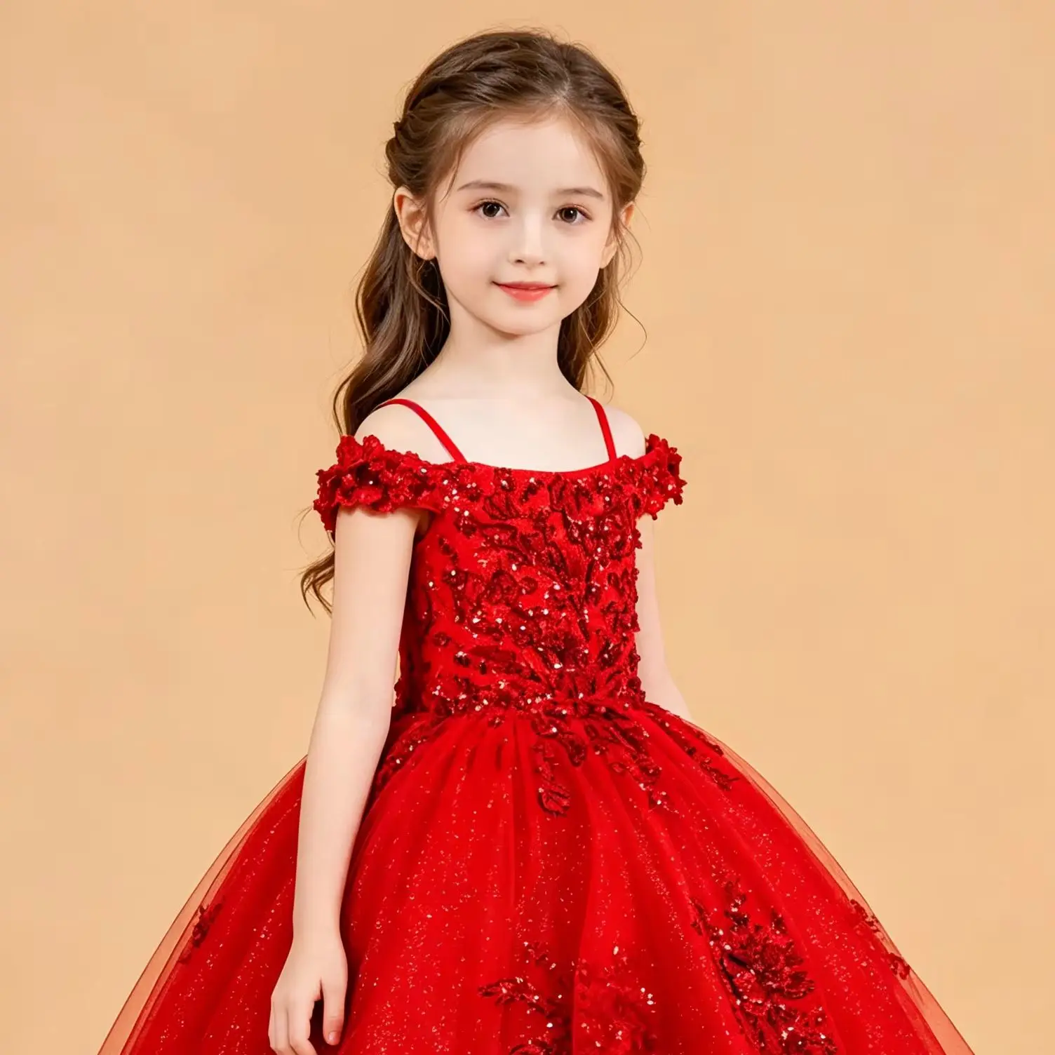 Rotes, maßgeschneidertes Blumenmädchenkleid für die Hochzeit, schulterfrei, mit Applikationen, bodenlang, für Kindergeburtstag, Erstkommunion, Ballkleid
