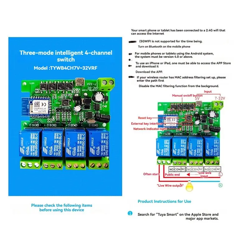 ABZW Tuya Smart Wifi 4CH Relaismodule Schakelaar DC7-32V Motor Module + RF433 Afstandsbediening Voor Garagedeuropener
