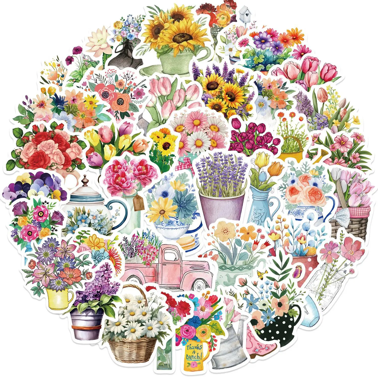 Bouquet Cartoon Stickers, Flores, Planta em vaso, Diário, Scrapbook, Laptop, Telefone, Guitarra, Estética, Decalques Presente, 10 pcs, 30 pcs, 50pcs