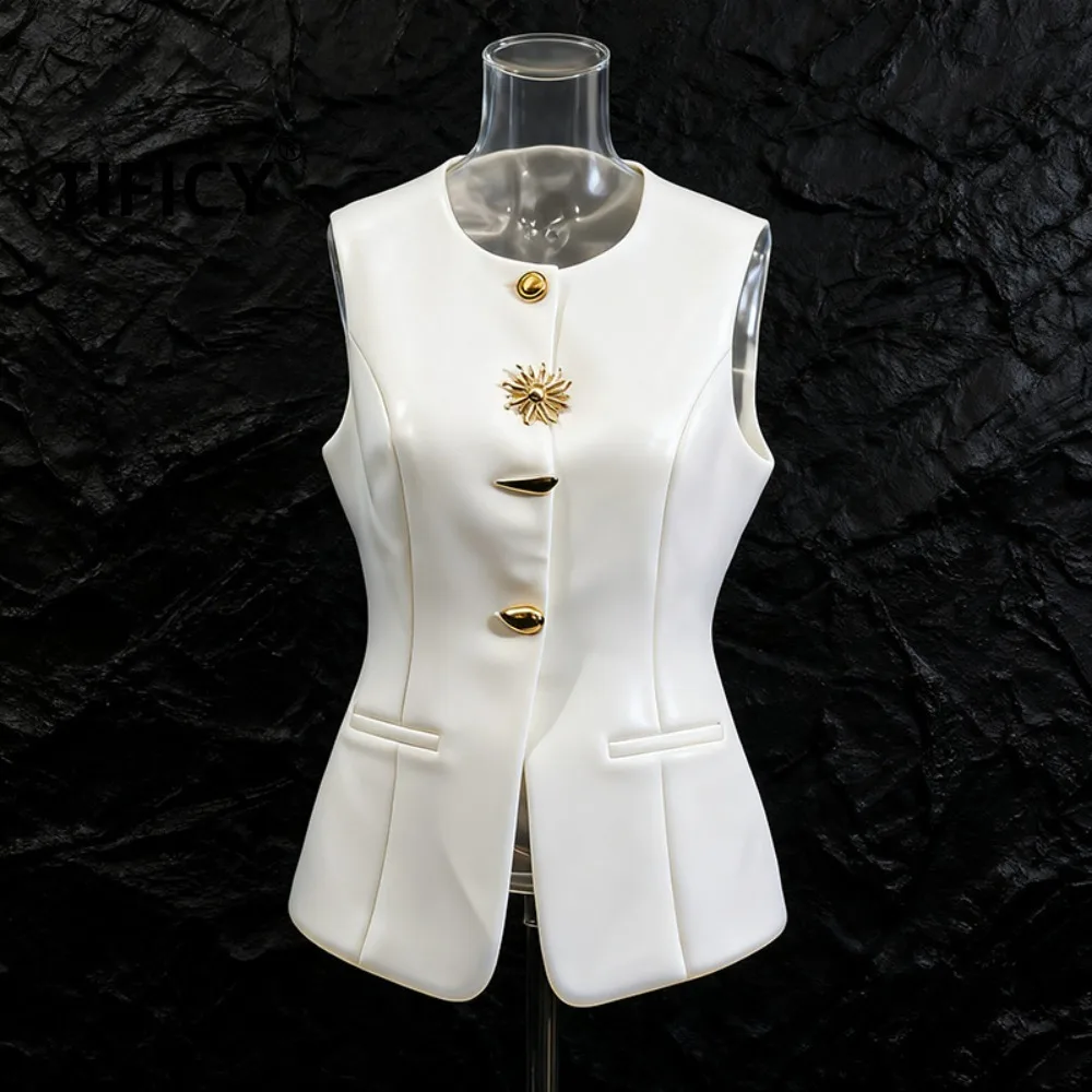 

High Street нестандартный дизайн жилета, топы, женские модные украшения с круглым вырезом и пуговицами, облегающий и утягивающий уличный жилет