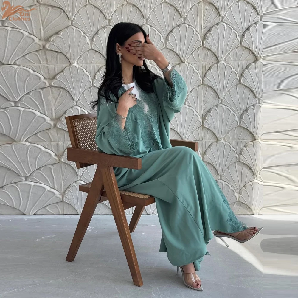 

Uni New Guipure Lace Appliques Dress Fashion Solid Open Abaya Moroccan Muslim Elegant Women Clothes
