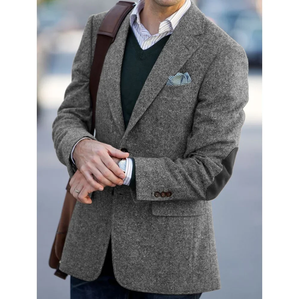 

Elegant Mens Suit Jacket Herringbone Single Breasted Elbow Patches Casual Business Fashion Jackets Elegant Comfortable Coat