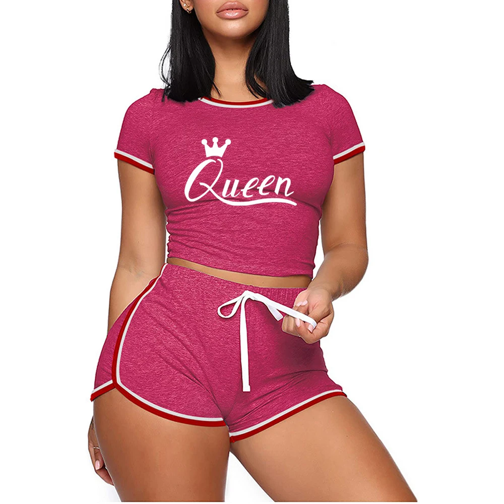 Women Queen Print Sport 2 Pcs Set Women Crop Top Shirt Leggings Shorts Yoga Sportsuit Wear Workout Outfit Fitness Gym Clothes