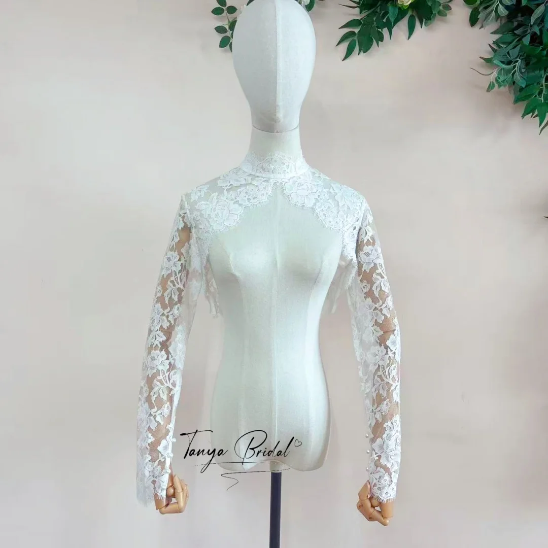 Lace Wedding Dress Jacket Shawl Long Sleeve High Neck Bolero Top For Brides Button Back Bridal Outerwear