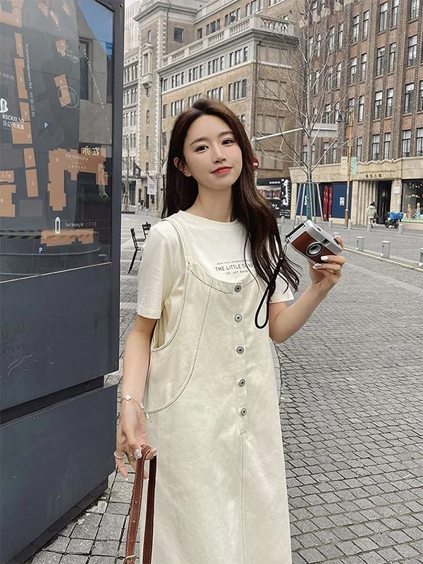 

plus Size 300 Pounds Fat MM Summer Korean Style Versatile Beige Workwear Overalls Dress Women Short Sleeve Two-Piece Set
