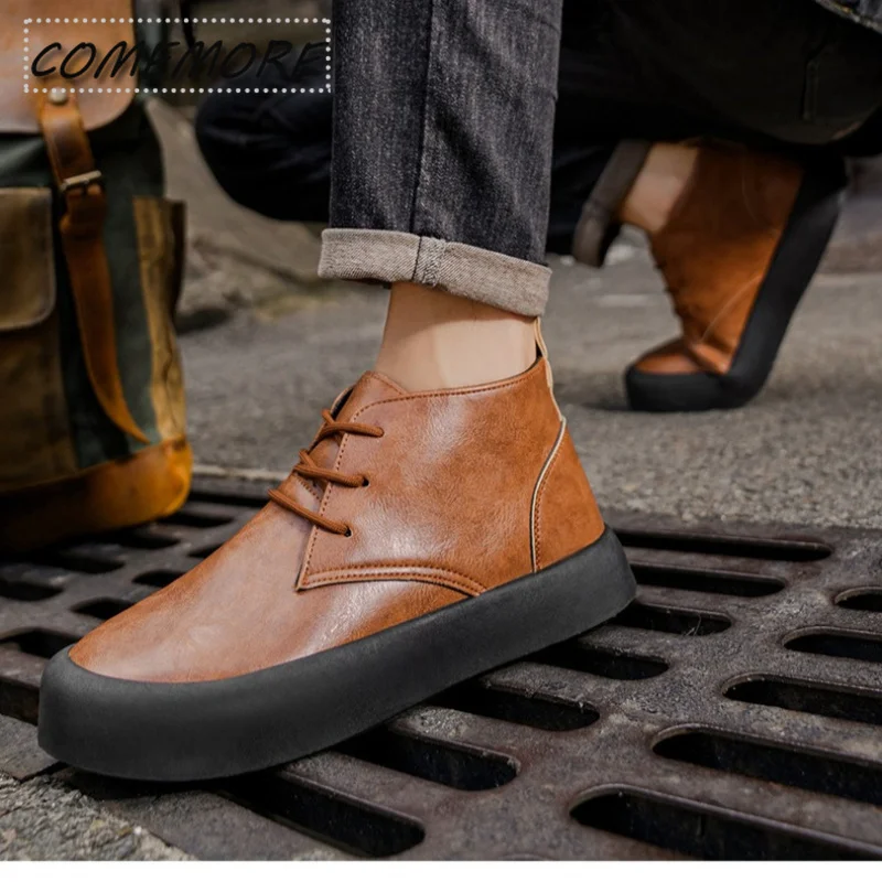 Comemore Retro Trend Men's Short Boots Single Shoes Thick-sole Male Comfort Versatile Youth Leather Footwears Roma Daily Botas